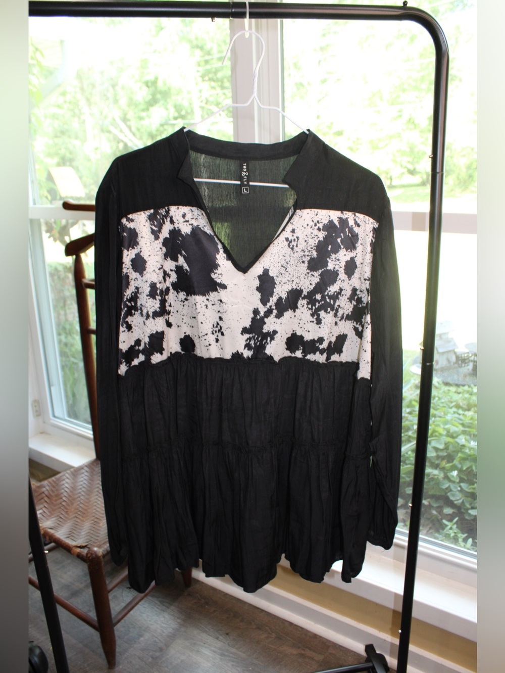 Cow Print Babydoll Top | Size Large | Western Boho Blouse